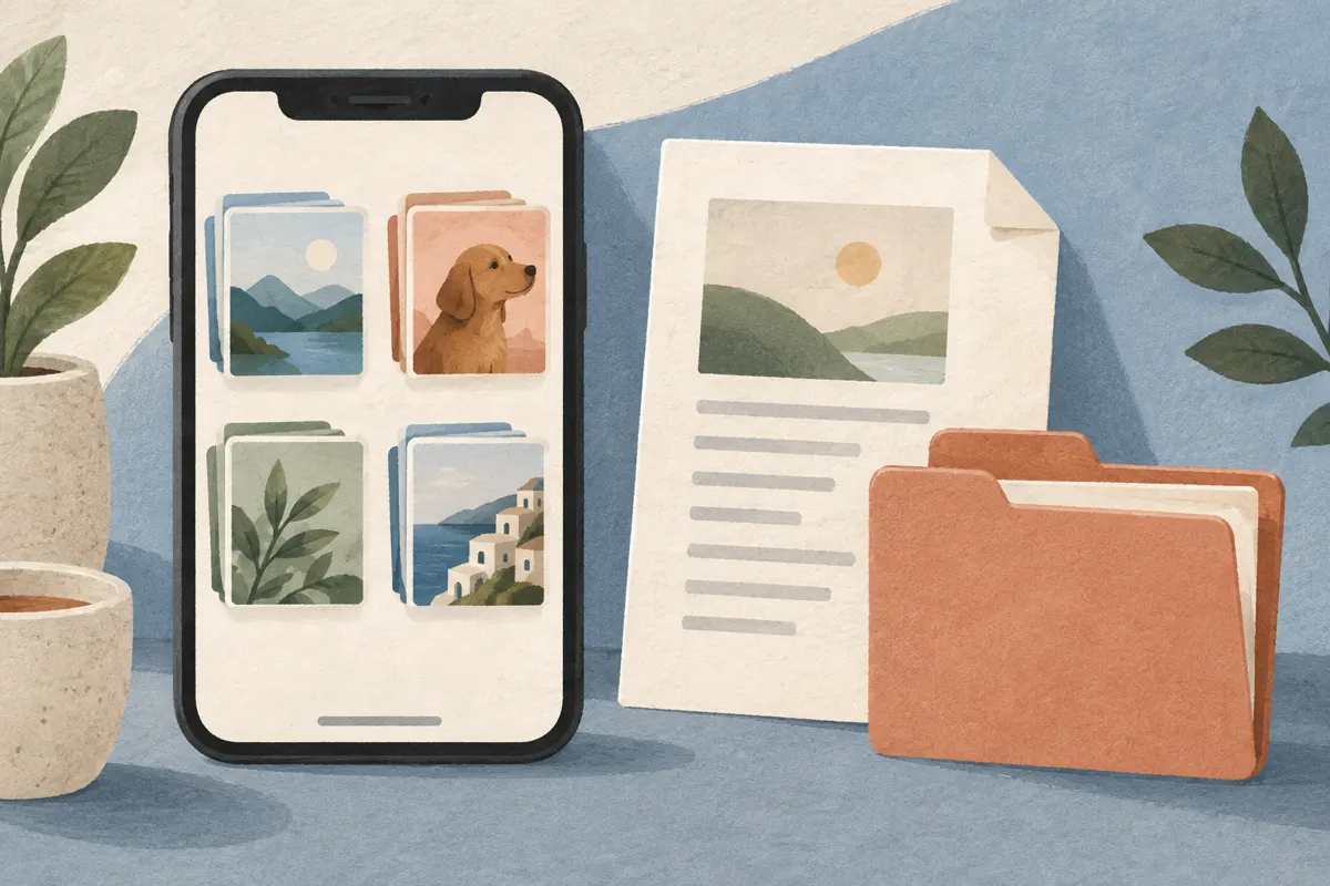 Ilustracja telefonu z uporządkowanymi zdjęciami dokumentów i symbolem folderu