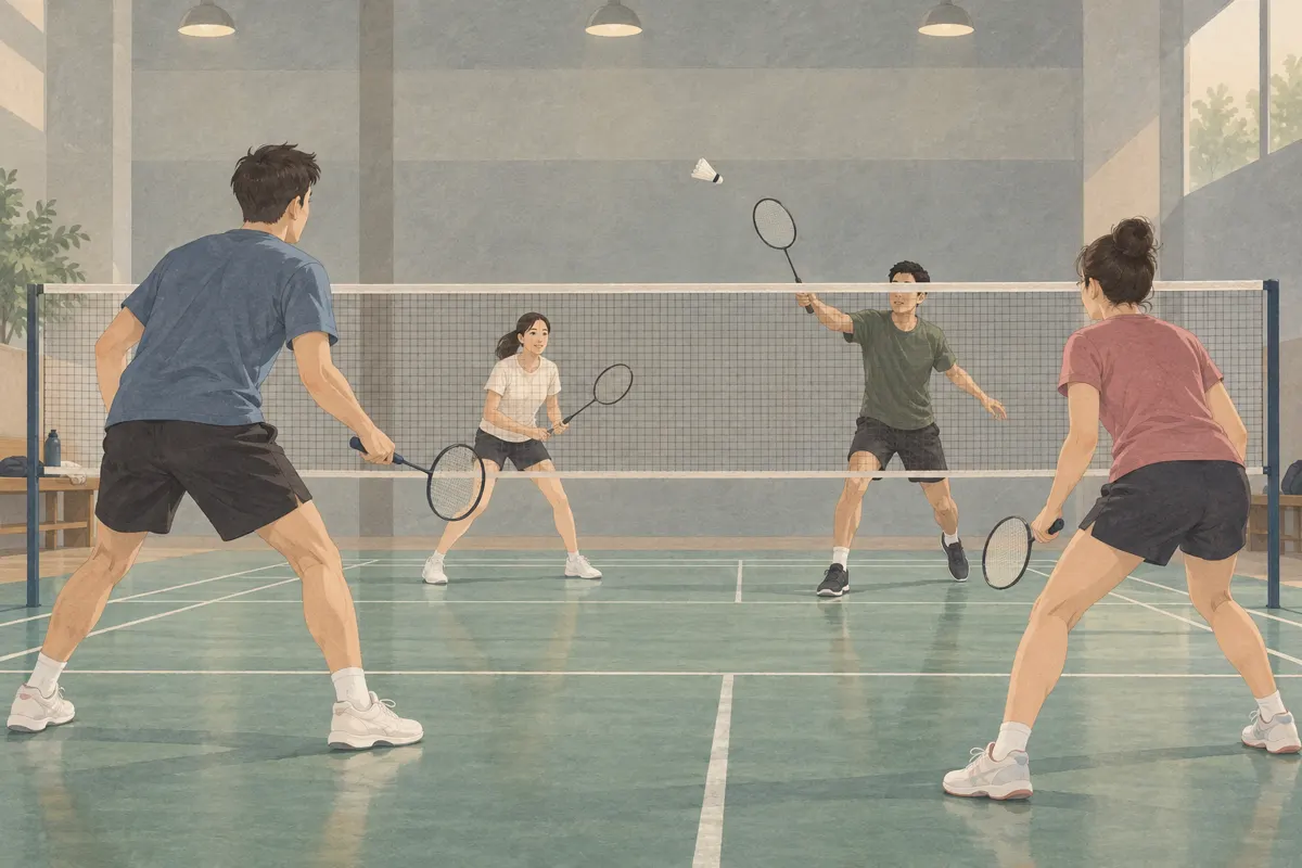 Ilustracja czterech osób podczas wspólnej gry w badmintona.